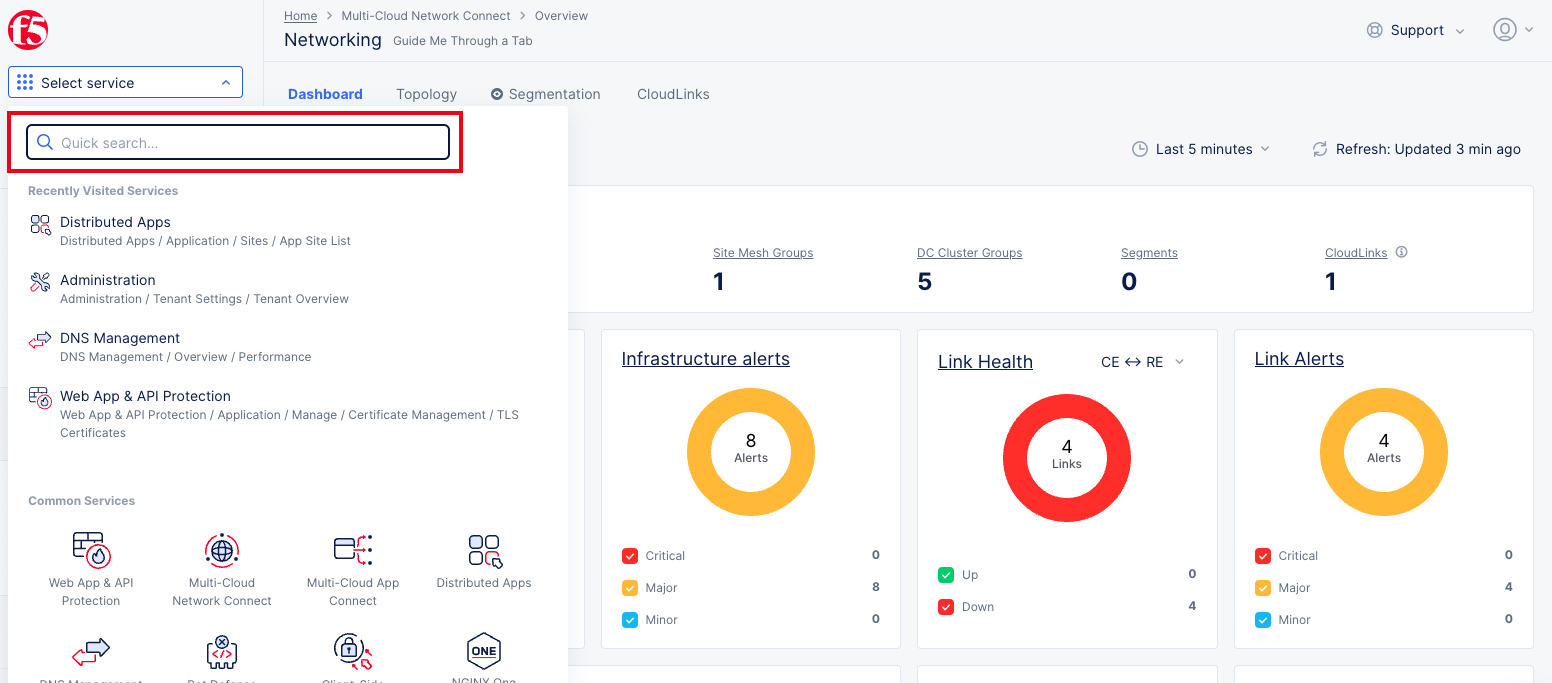 Figure: Quick Search Option for a Service
