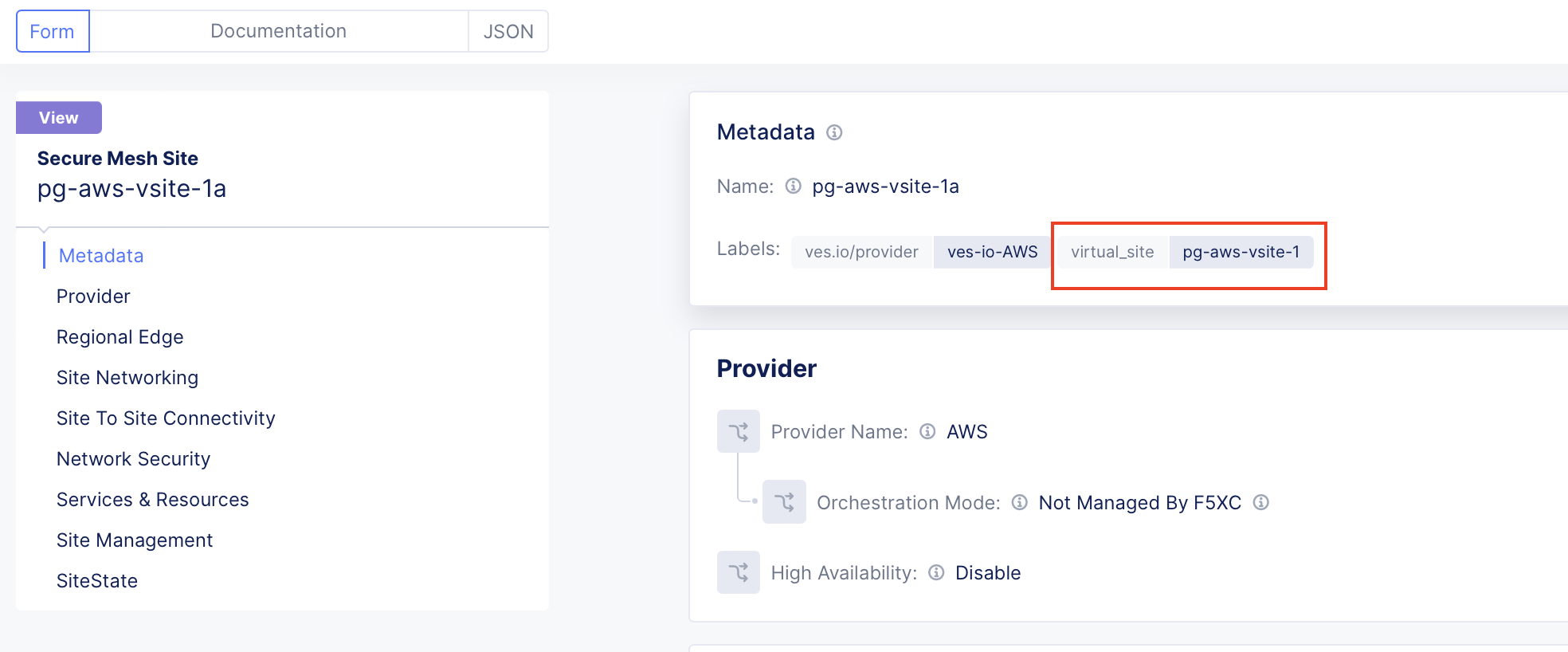 Figure: Site pg-aws-vsite-1a - label pg-aws-vsite-1