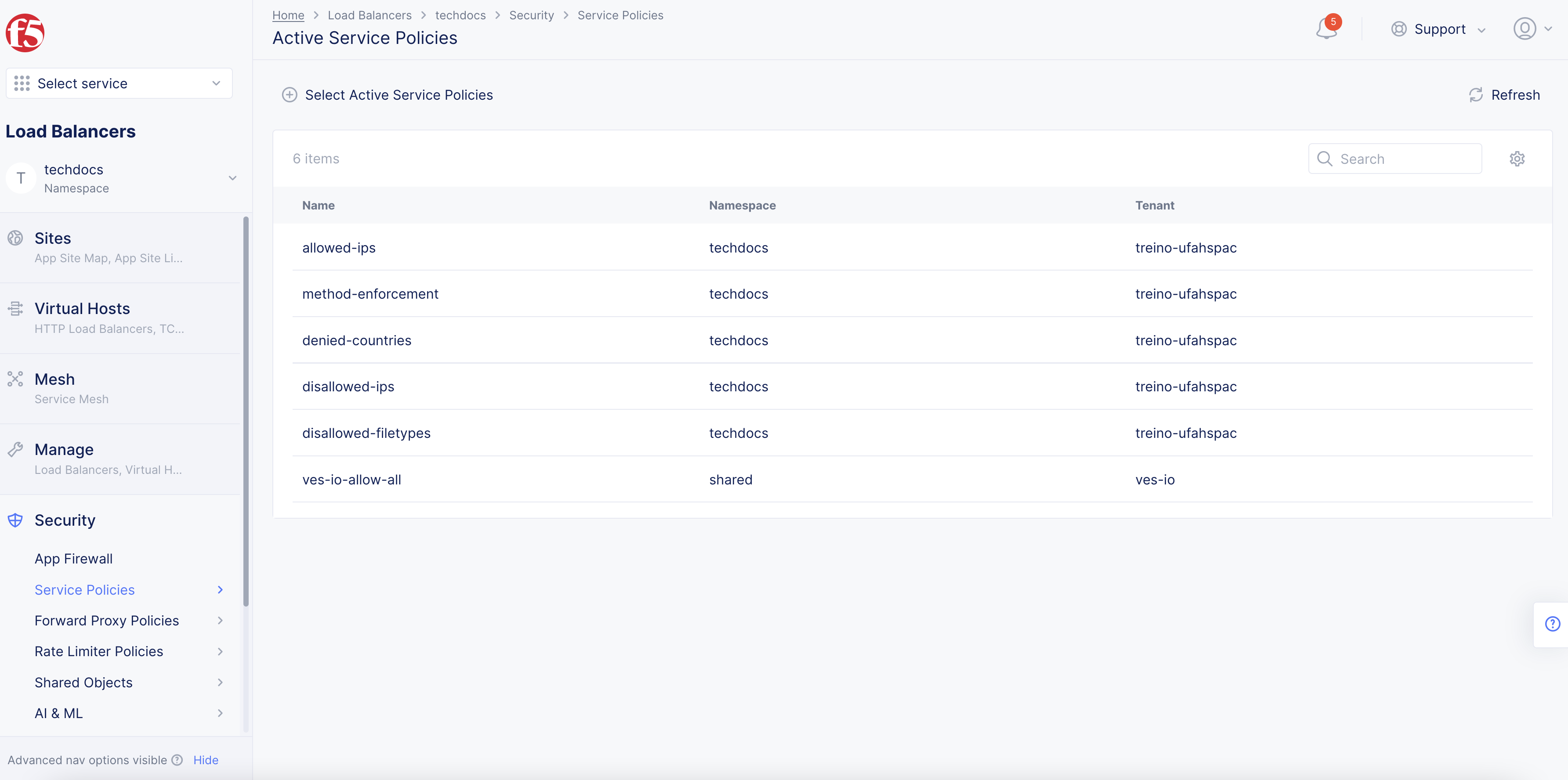 Figure: List of Service Policies