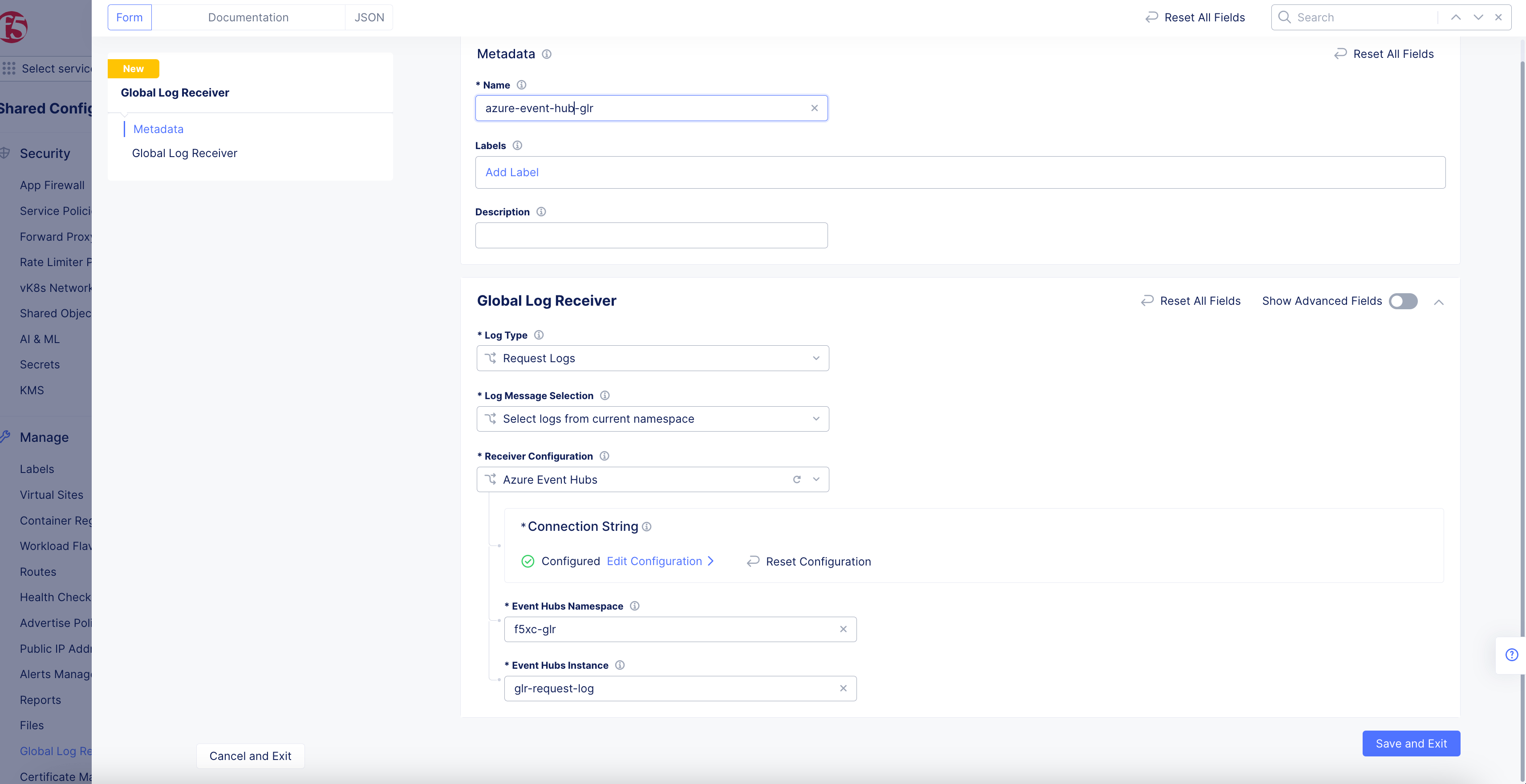Figure: Azure Event Hubs Global Log Receiver Configuration